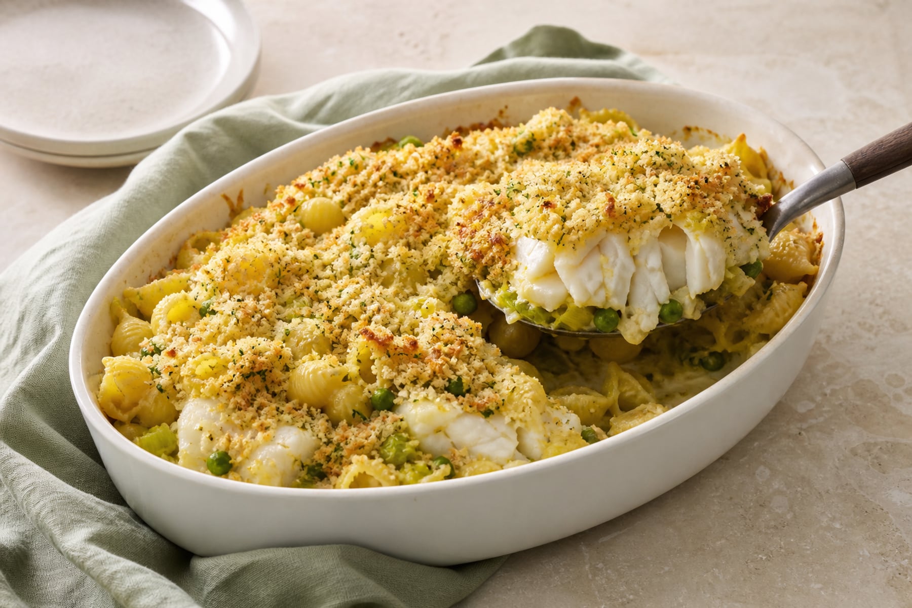 Shell pasta bake with flaky white hake peas leeks and golden herb breadcrumbs