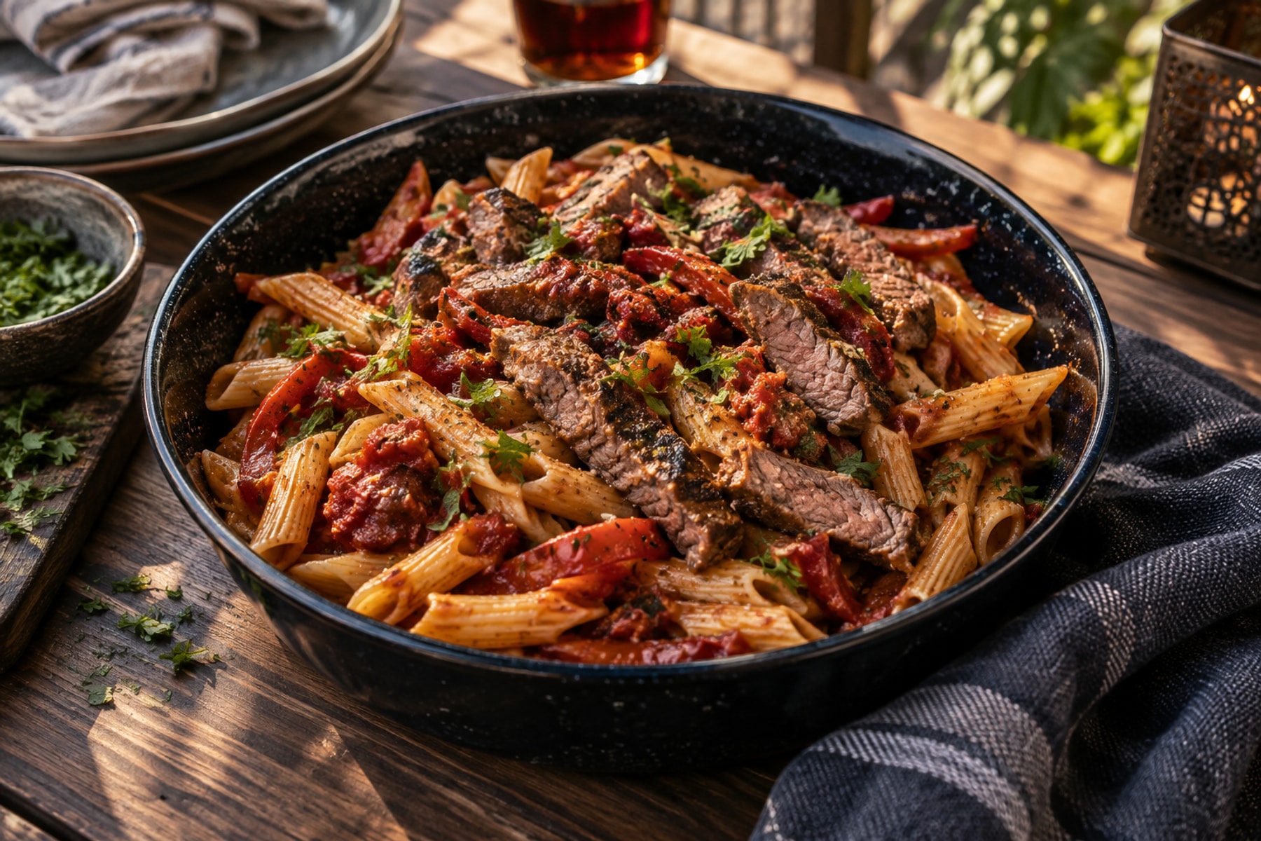 Penne with sliced leftover braai steak peppers tomato and parsley in a dark bowl