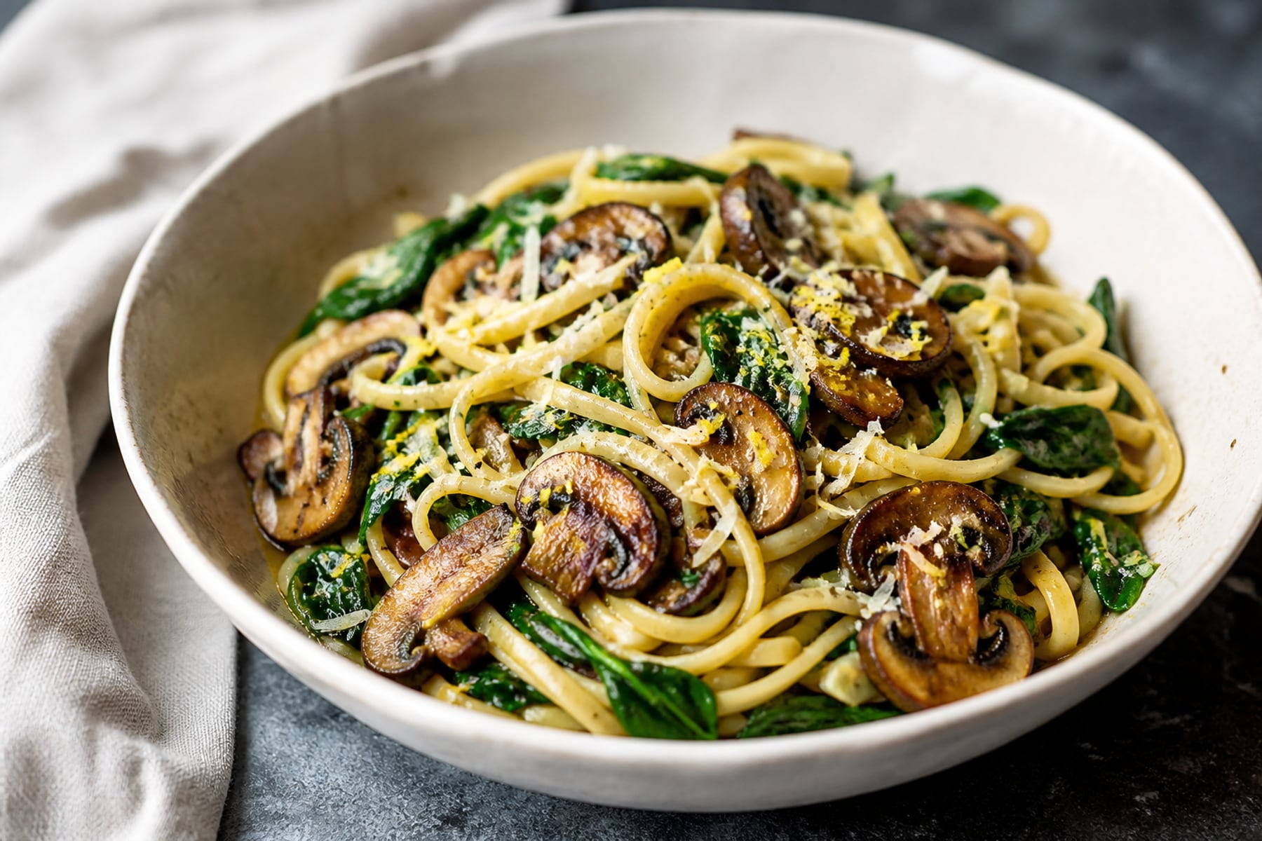 Linguine with browned mushrooms wilted spinach garlic and lemon