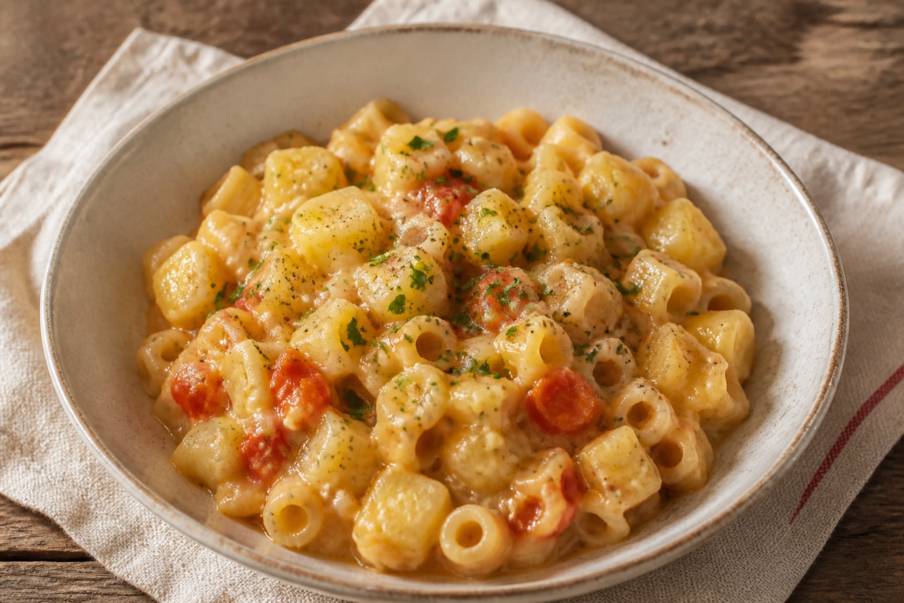 Creamy pasta e patate with mixed short pasta potato cubes tomato and parsley