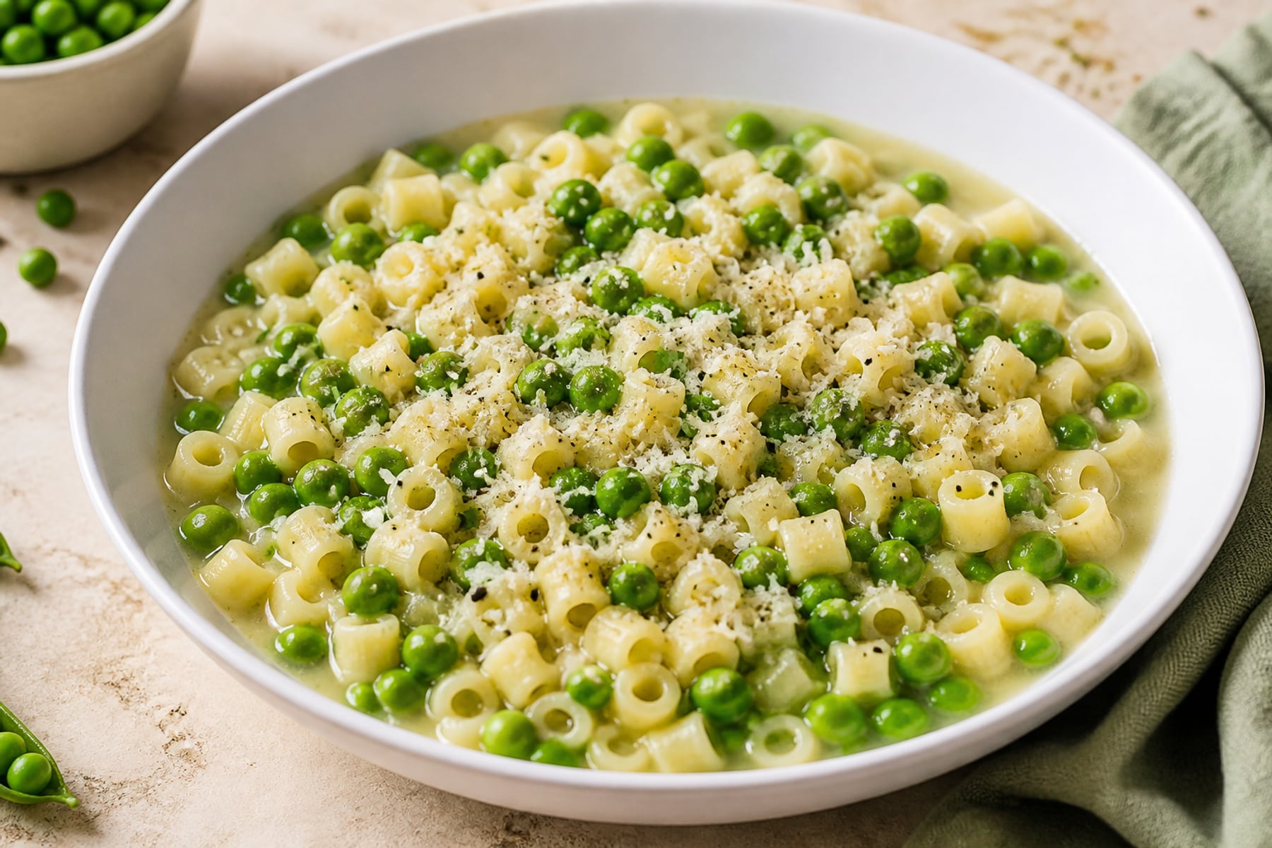 Neapolitan pasta e piselli with ditalini green peas Pecorino and black pepper