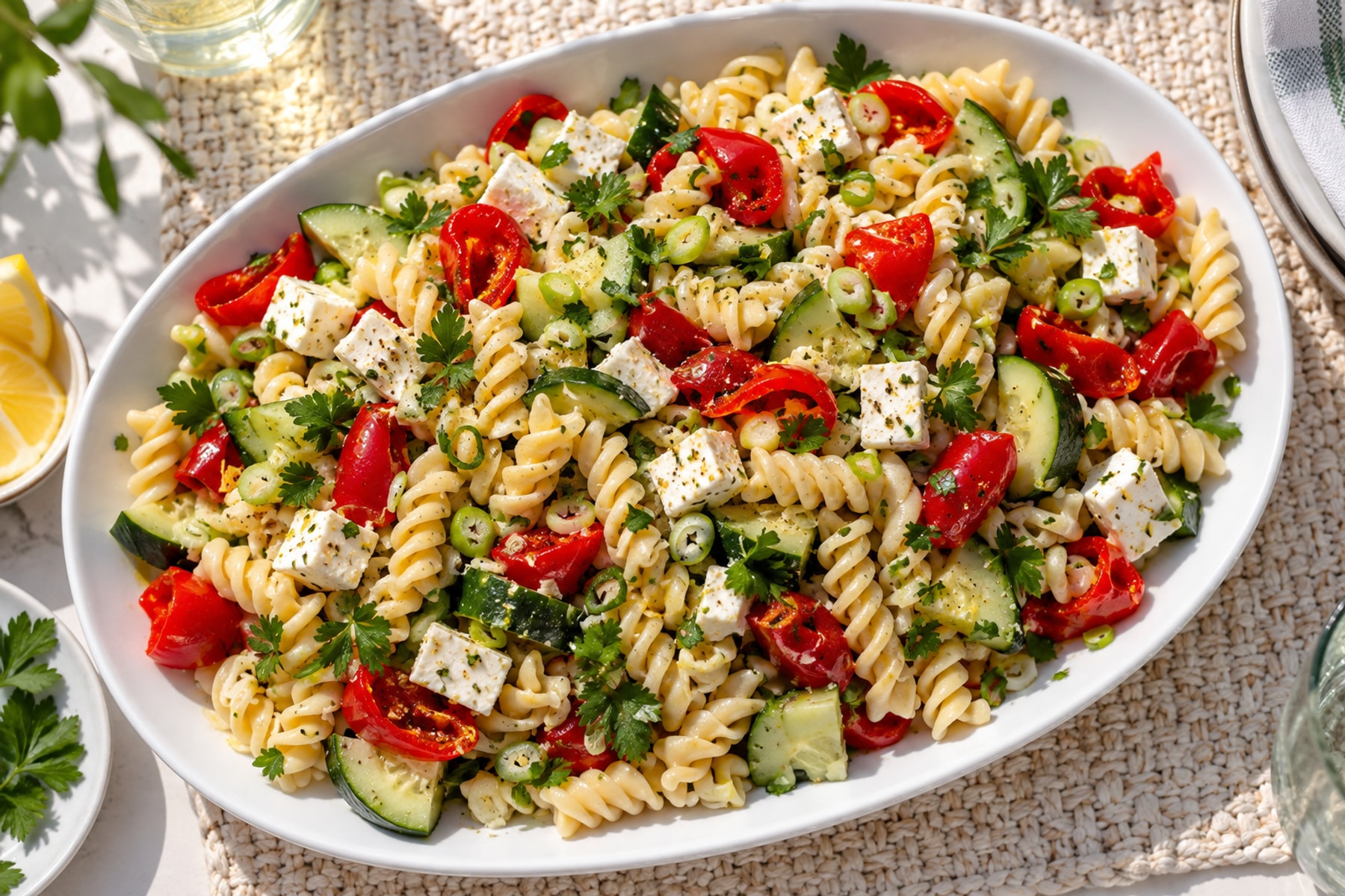 Fusilli salad with red sweet piquanté peppers feta cucumber parsley and lemon dressing