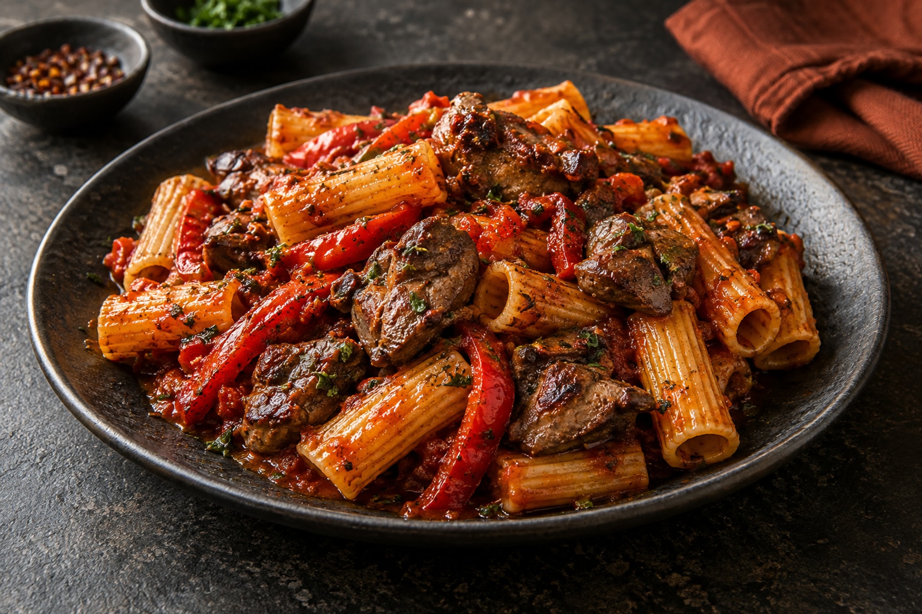 Rigatoni with seared chicken livers red pepper and peri-peri tomato sauce