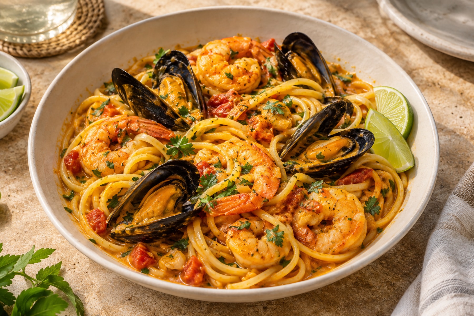 Linguine with pink prawns open mussels and golden tomato coconut curry sauce