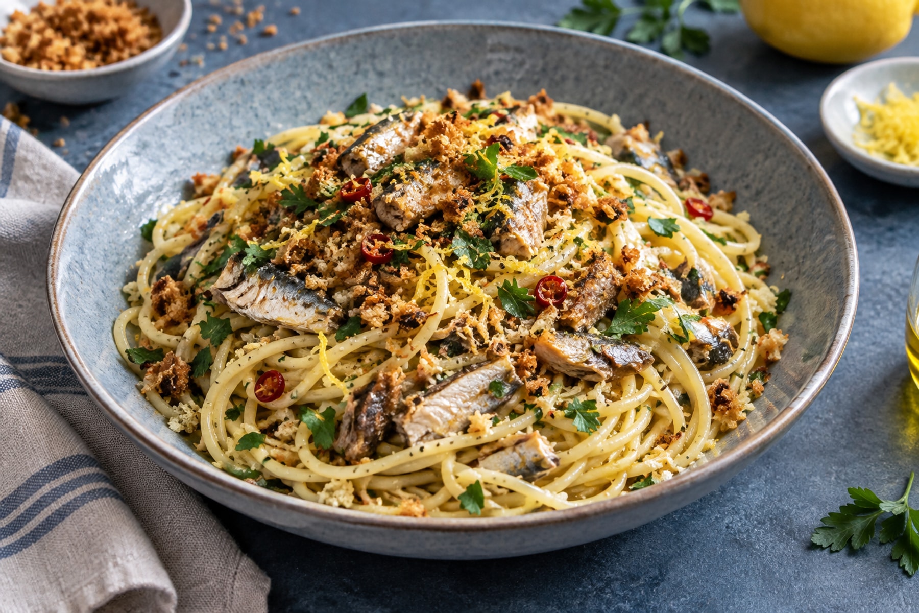 Spaghetti with sardine flakes lemon parsley and crisp golden breadcrumbs