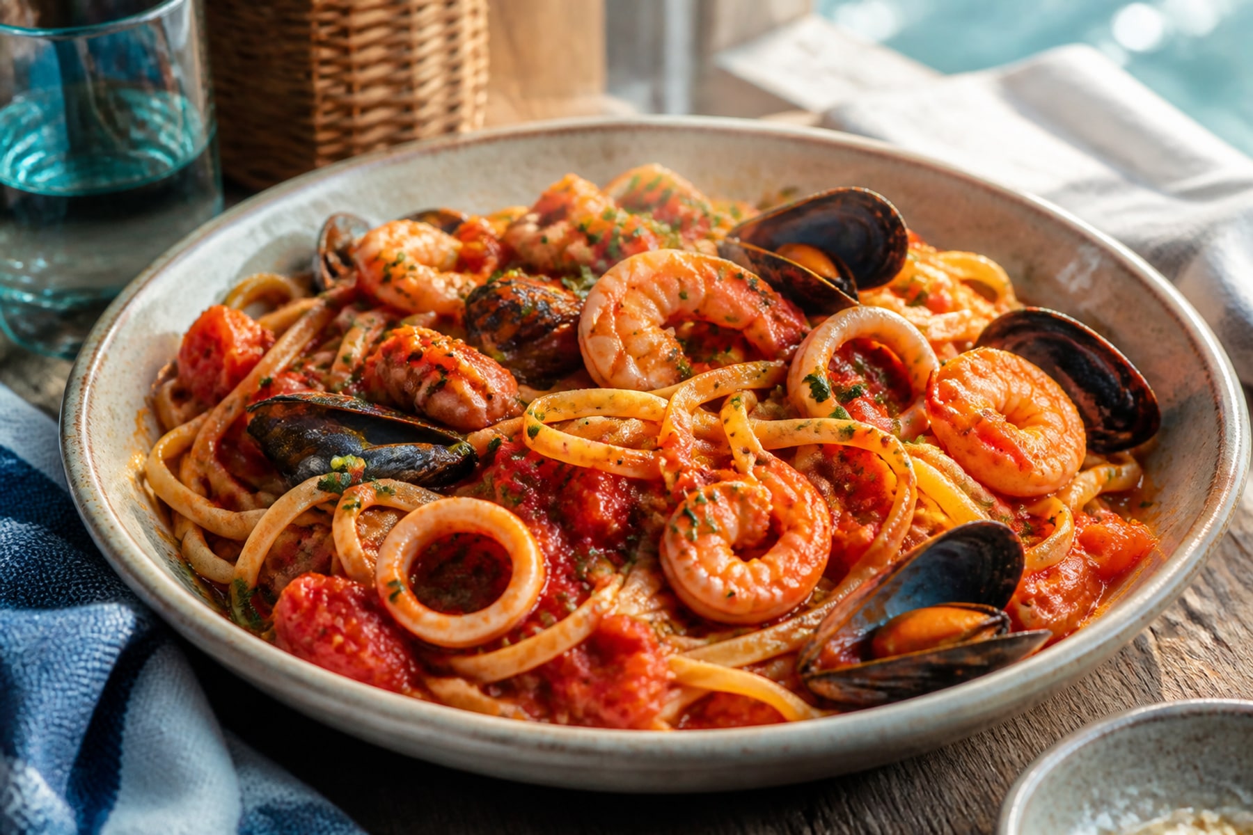 Linguine in tomato seafood sauce with mussels prawns calamari and parsley