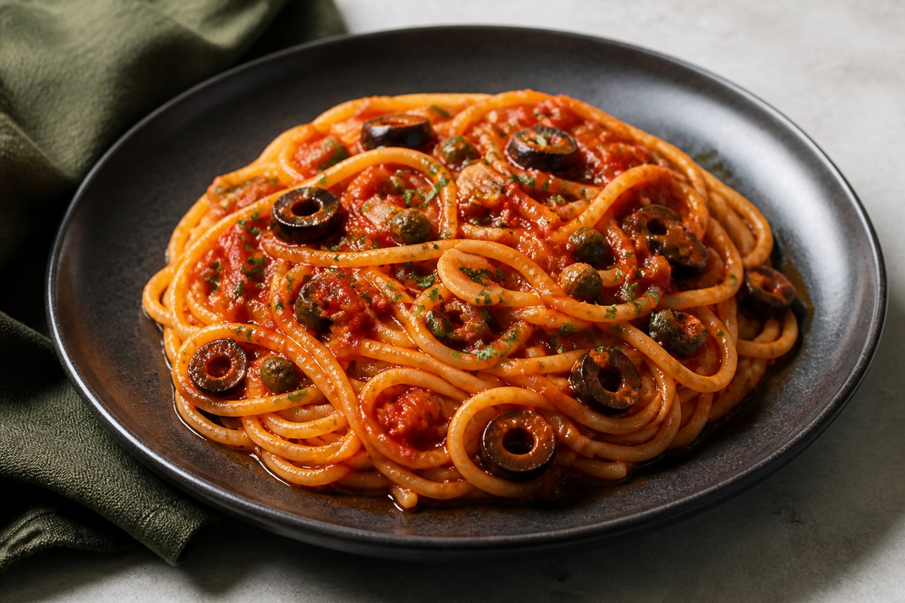 Spaghetti alla puttanesca with olives capers and tomato on a dark ceramic plate