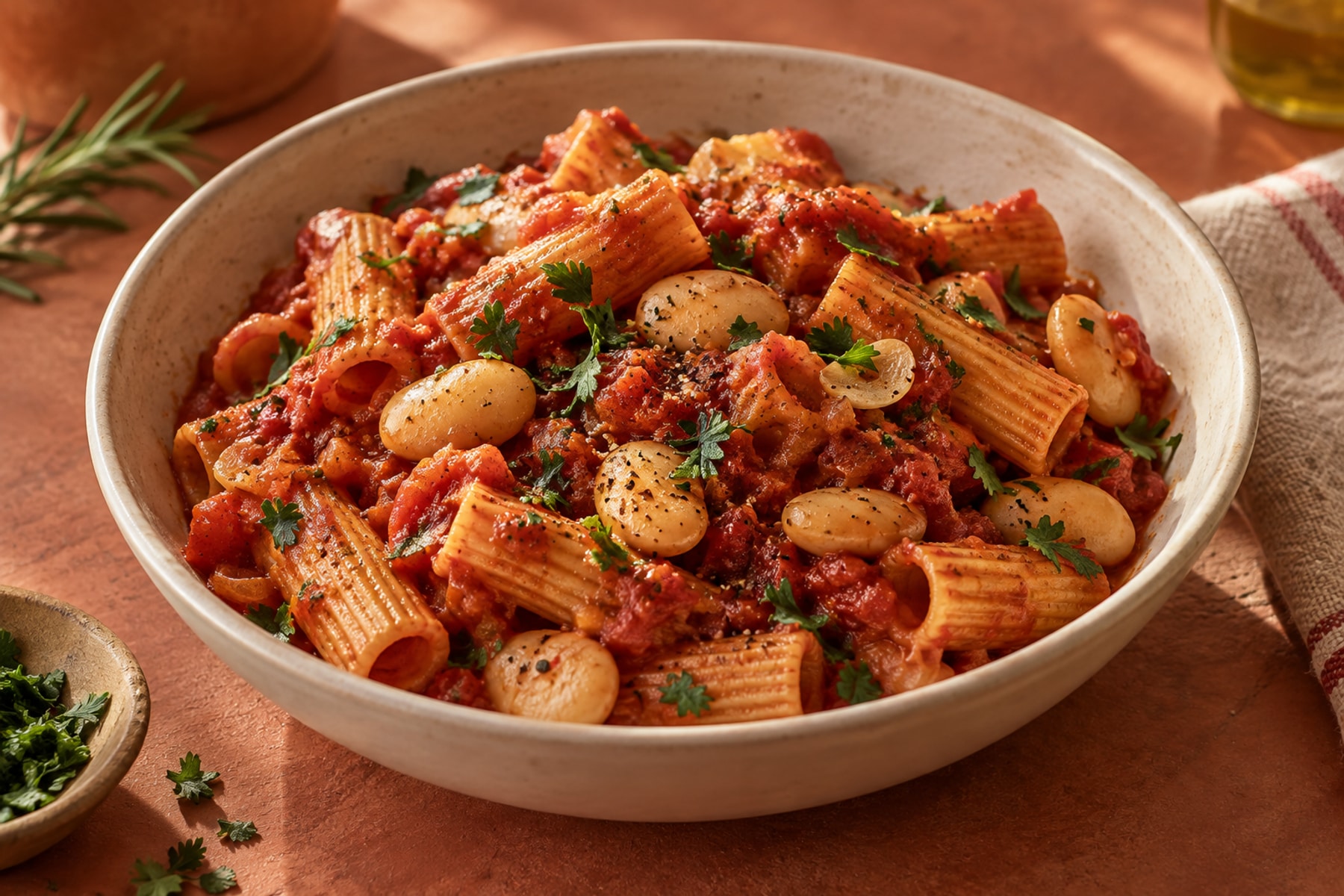 Rigatoni with butter beans thick tomato sauce rosemary and parsley
