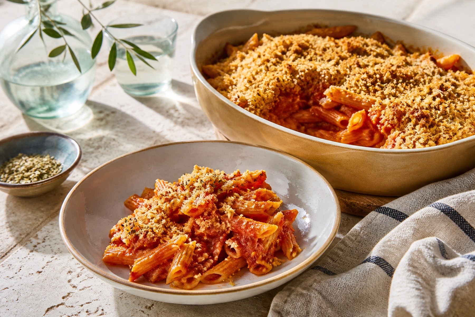 Tomato penne bake with browned mature Cheddar and oregano crumb