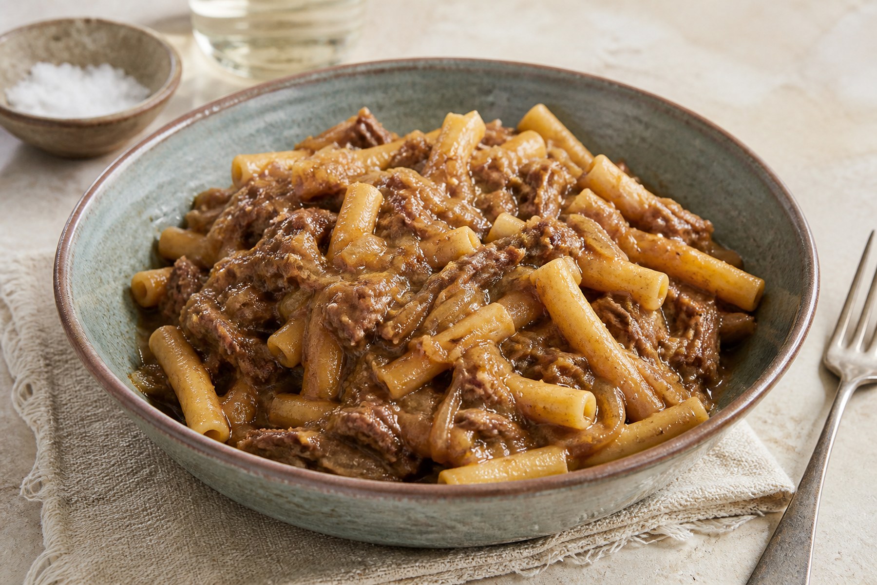 Broken ziti coated in slow cooked amber onion and beef Genovese sauce