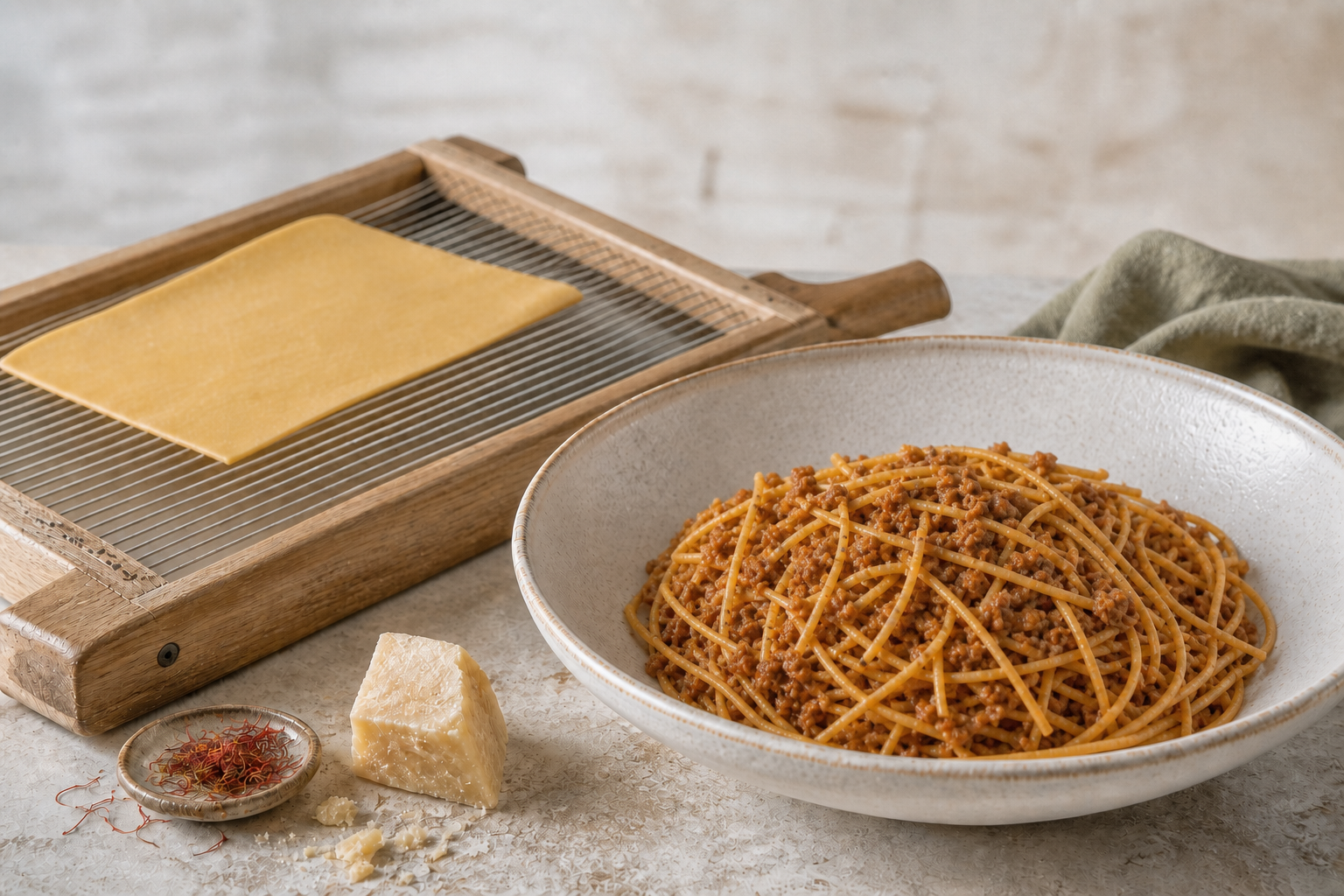 Abruzzese spaghetti alla chitarra with lamb ragù beside a traditional stringed chitarra cutter