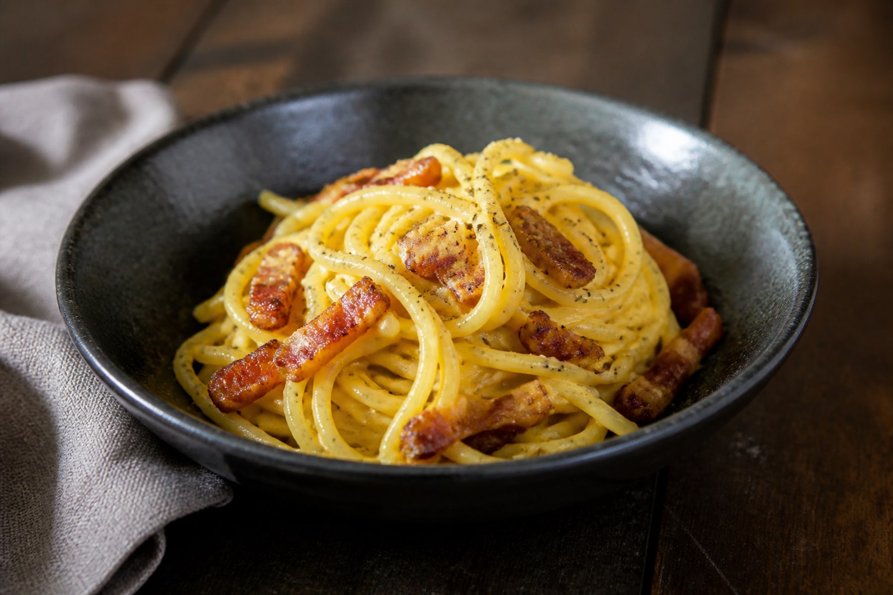 Roman spaghetti carbonara with guanciale, pecorino and black pepper