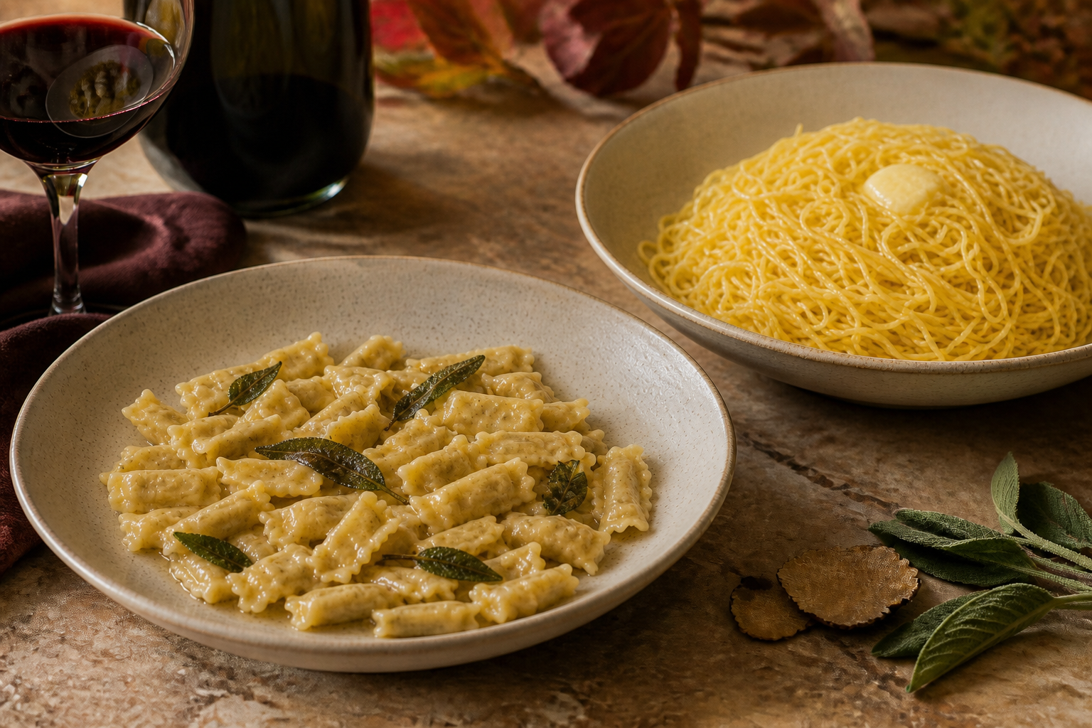 Piedmontese agnolotti and fine tajarin egg pasta with butter, sage and truffle