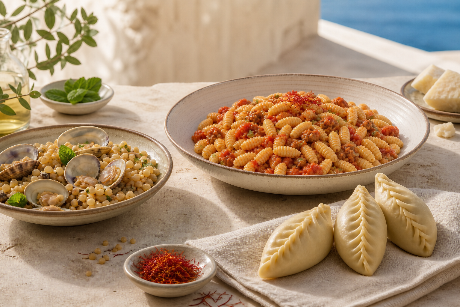 Sardinian malloreddus, fregola with clams and hand-sealed culurgiones on a sunlit stone table