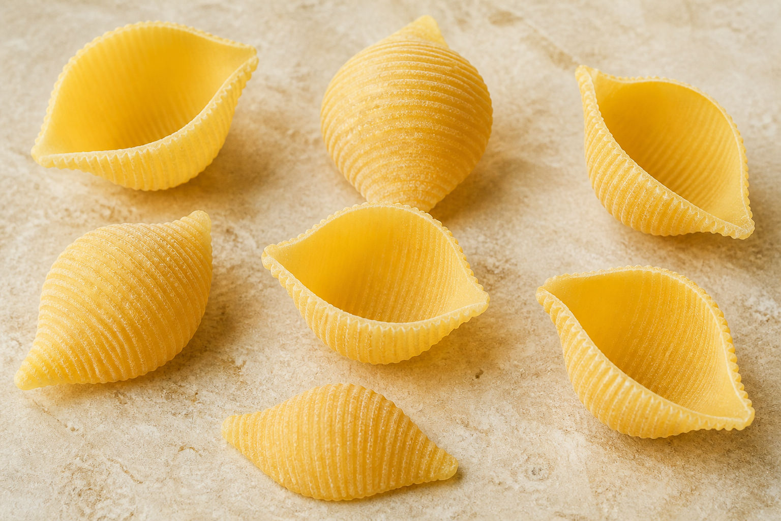 Dry conchiglie pasta showing its ridged shell-shaped cups on pale stone