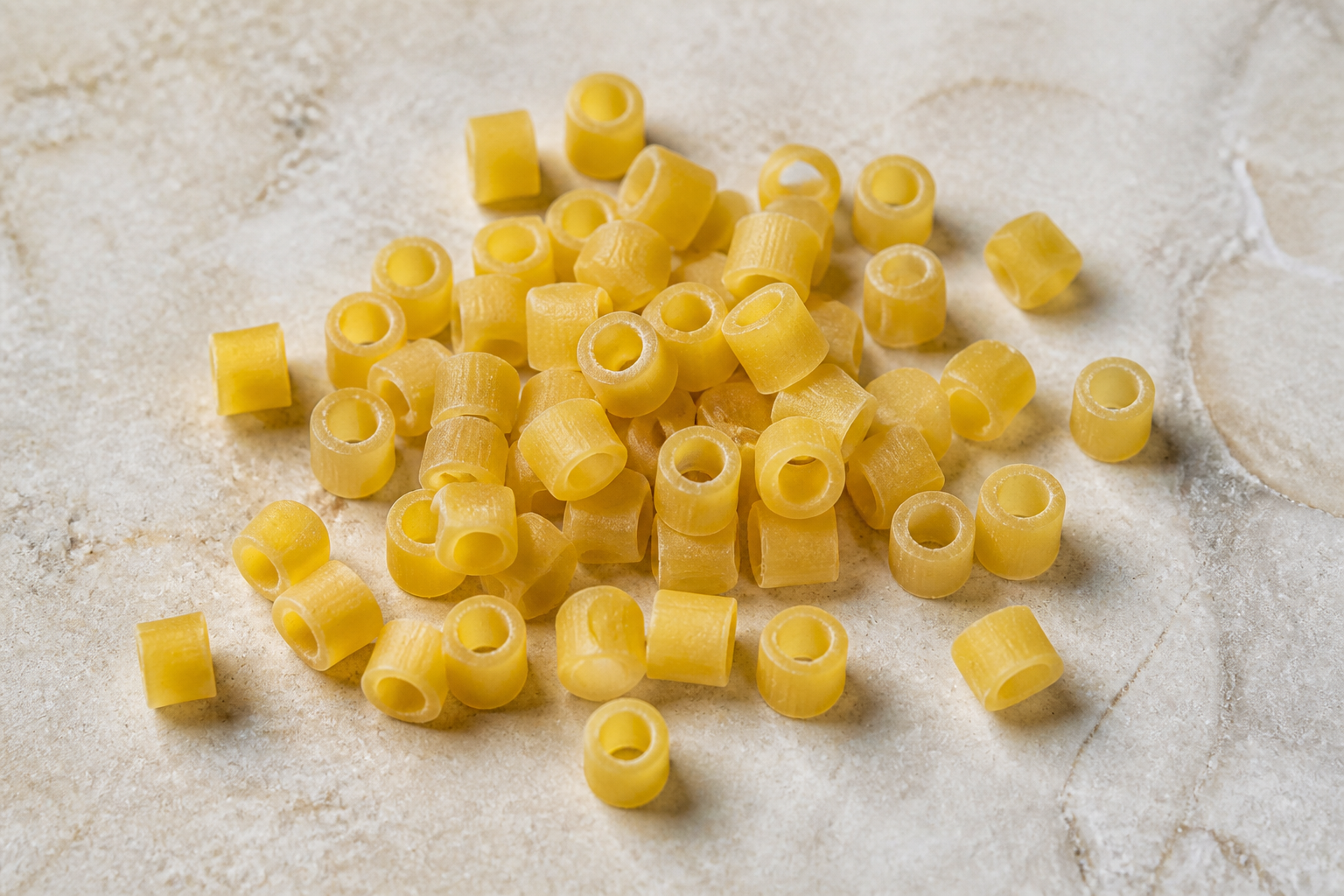 Tiny dry ditalini pasta tubes with square-cut hollow ends on pale stone