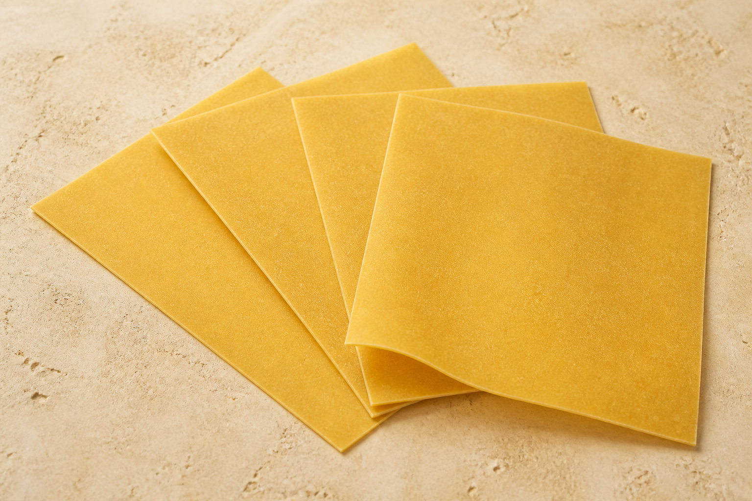 Broad rectangular dry lasagne pasta sheets with straight edges on pale stone