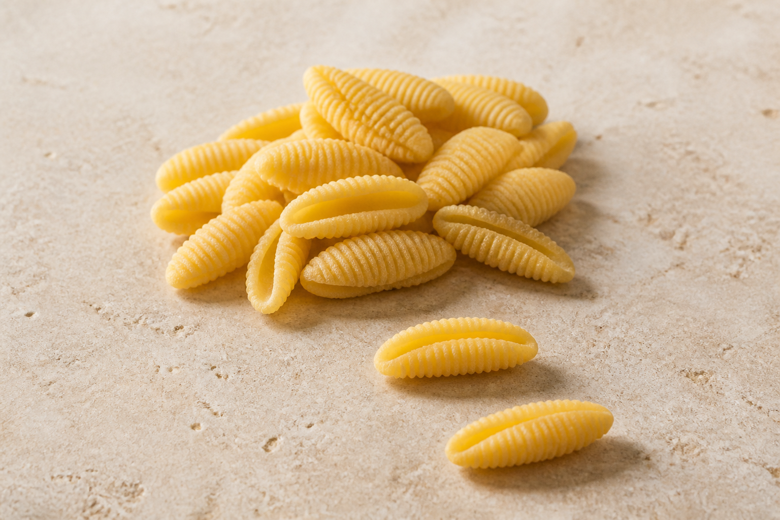 Dry Sardinian malloreddus showing tiny ridged shells and lengthwise cavities on pale stone