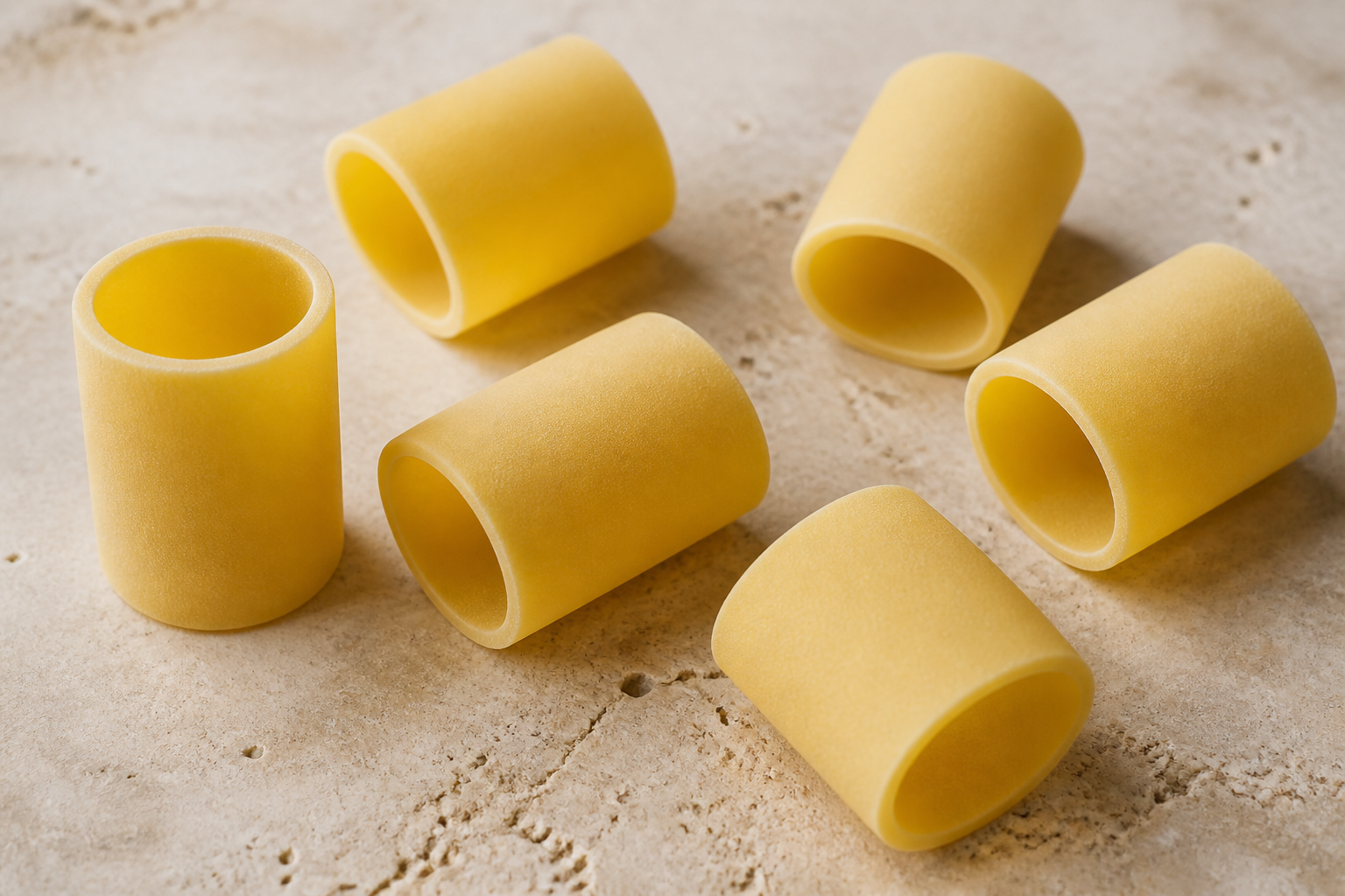 Large smooth dry paccheri pasta tubes with wide hollow centres on pale stone