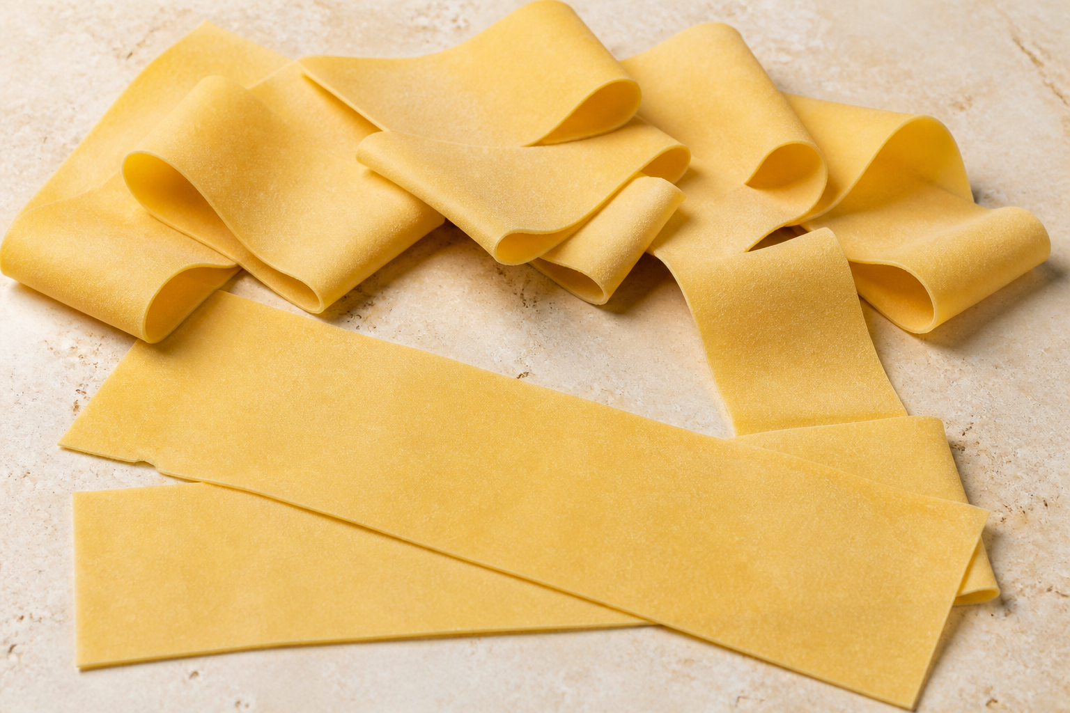 Dry pappardelle showing very broad flat egg pasta ribbons folded on pale stone