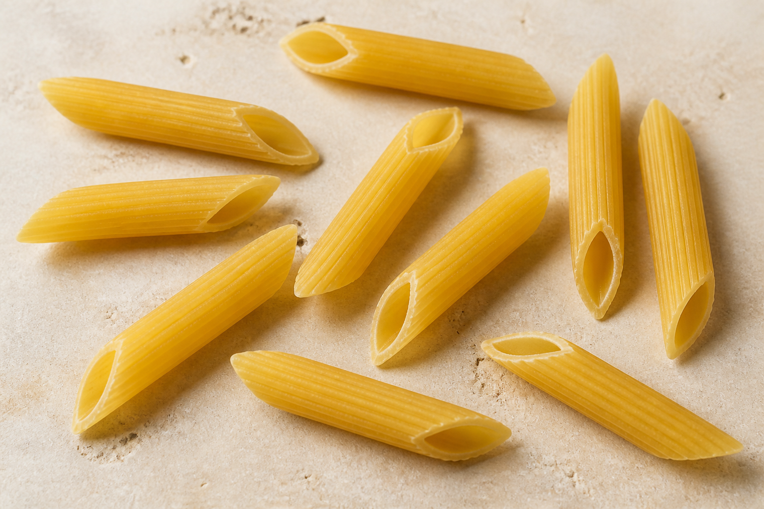 Dry penne rigate pasta tubes with diagonal quill-shaped ends and ridges on pale stone