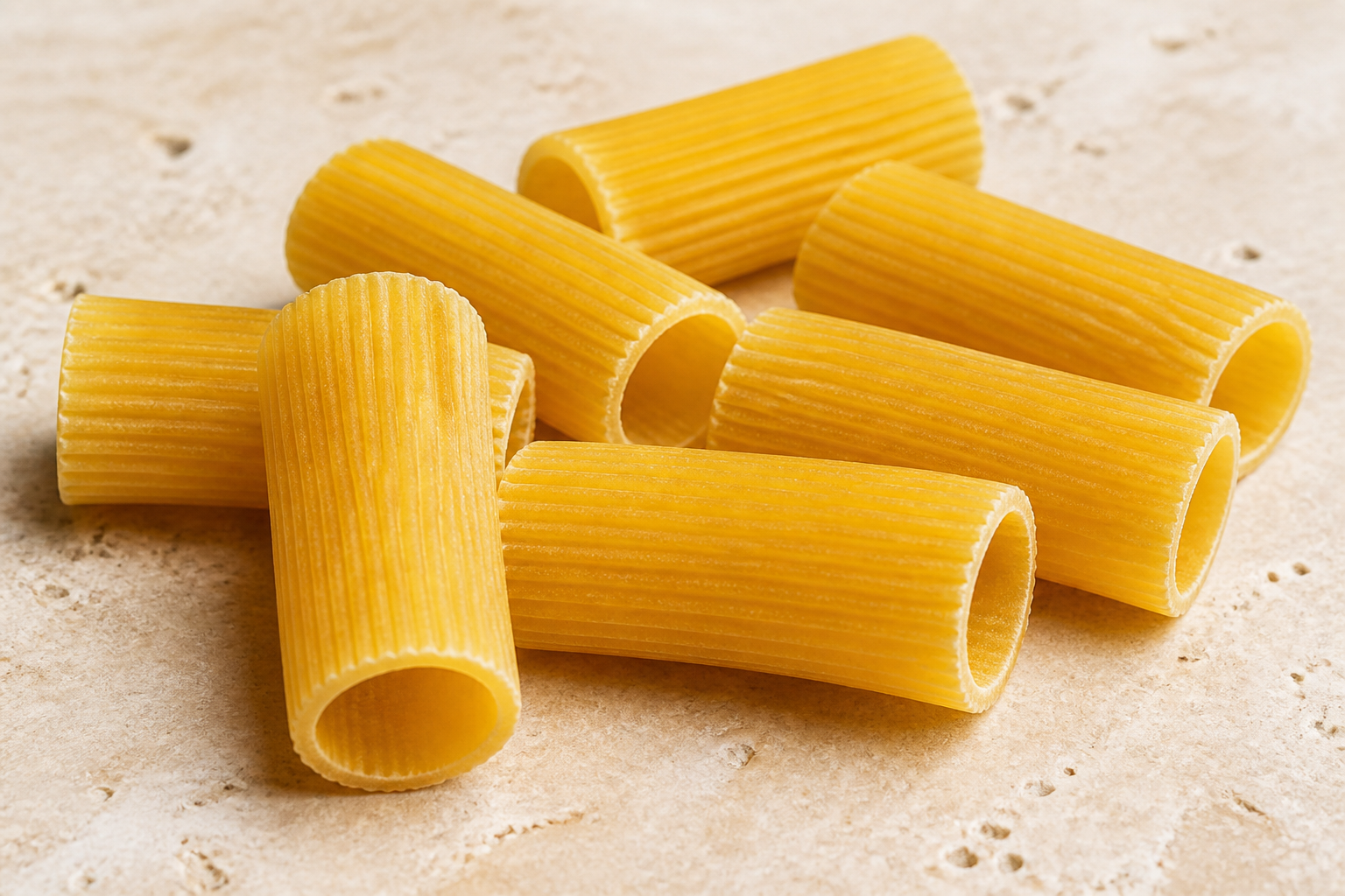 Dry ridged rigatoni tubes showing their wide hollow centres