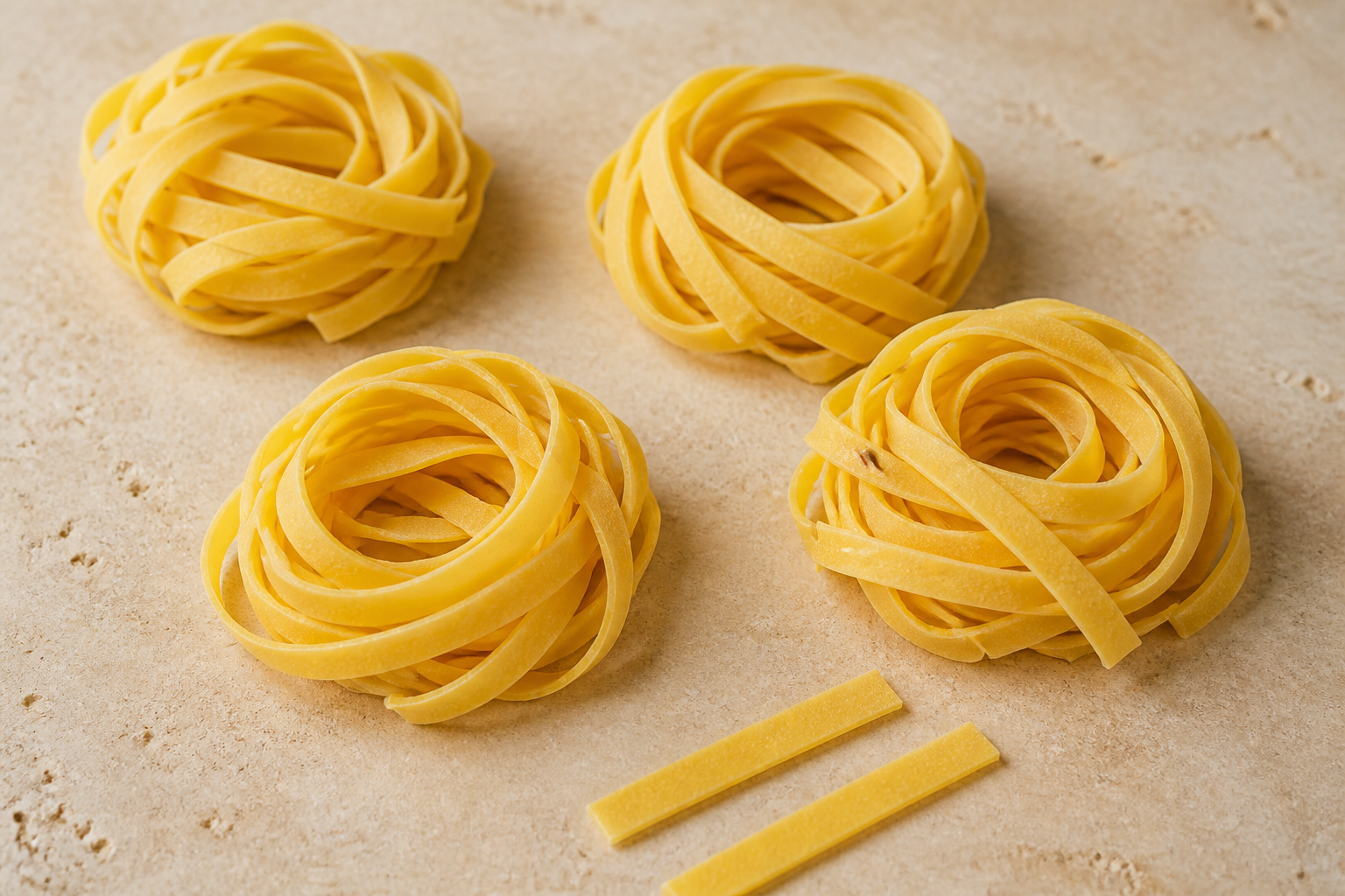Dry tagliatelle nests showing flat medium-width egg pasta ribbons on pale stone