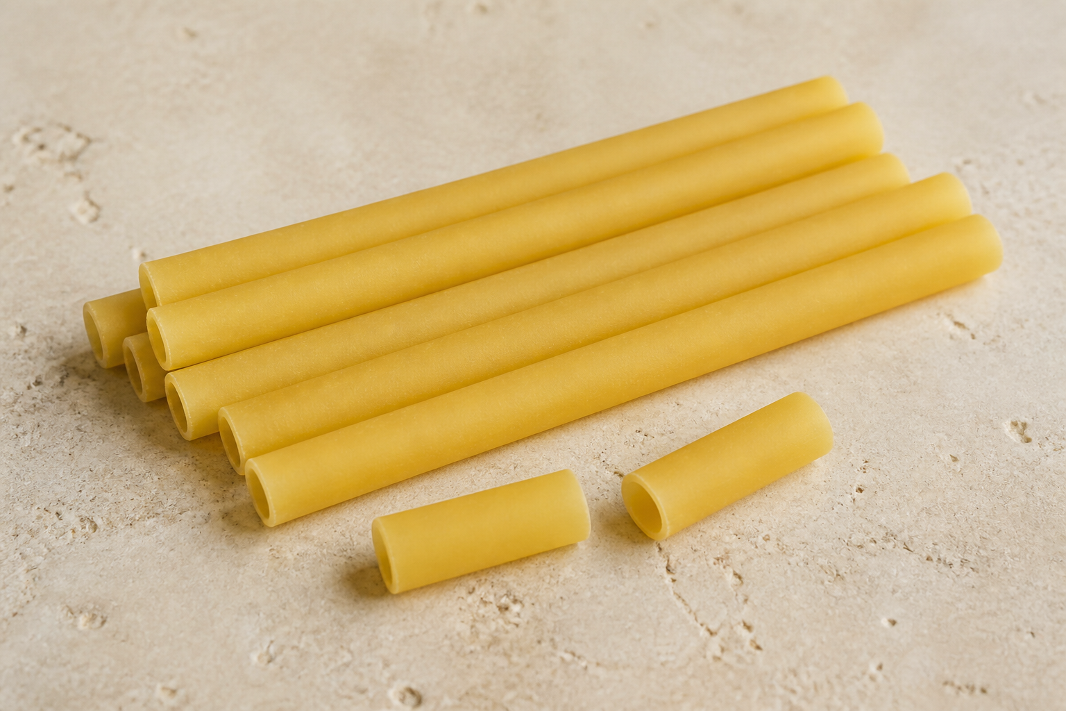 Long dry smooth ziti tubes with straight open ends and traditionally snapped sections on pale stone