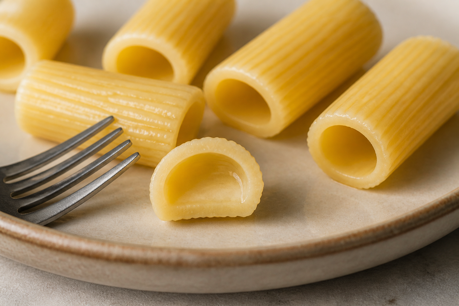 Cooked rigatoni and a clean cross-section showing its tender resilient structure