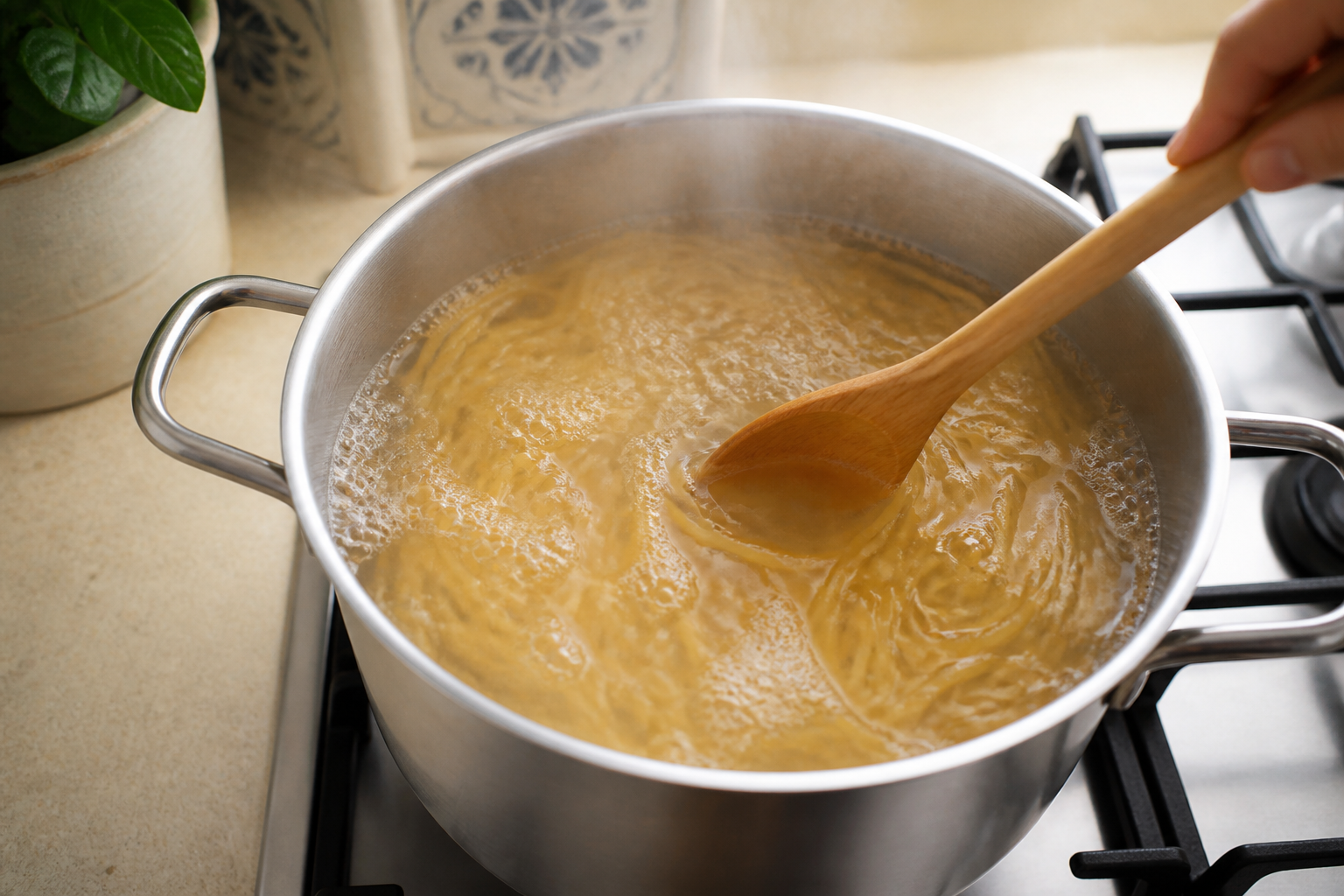 Spaghetti moving freely in ample actively boiling water