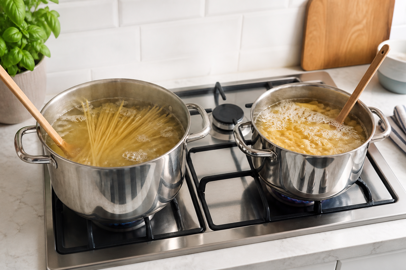 Two manageable pots cooking long and short pasta in separate batches