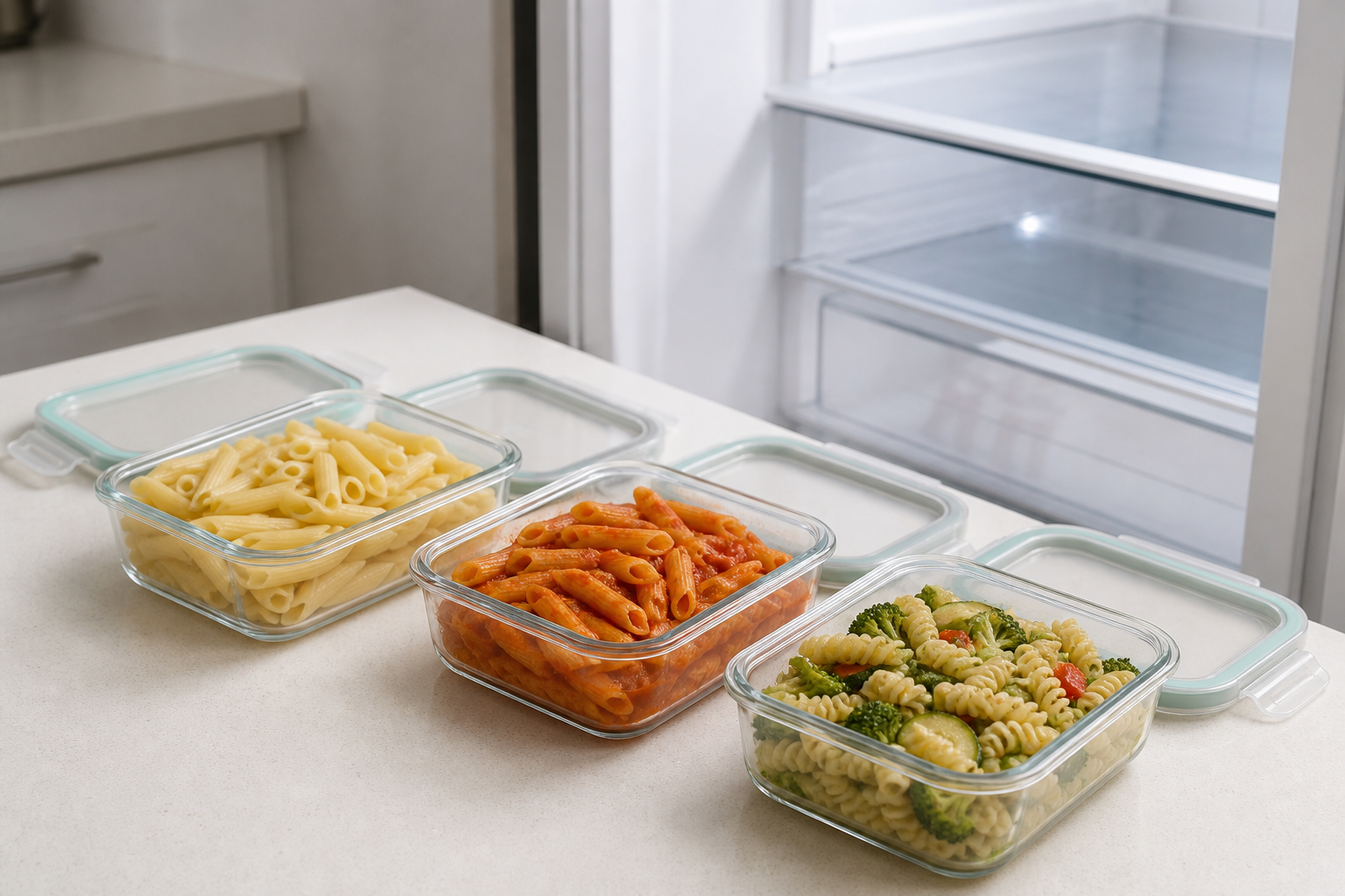 Distinct cooled pasta leftovers in shallow glass containers beside a refrigerator