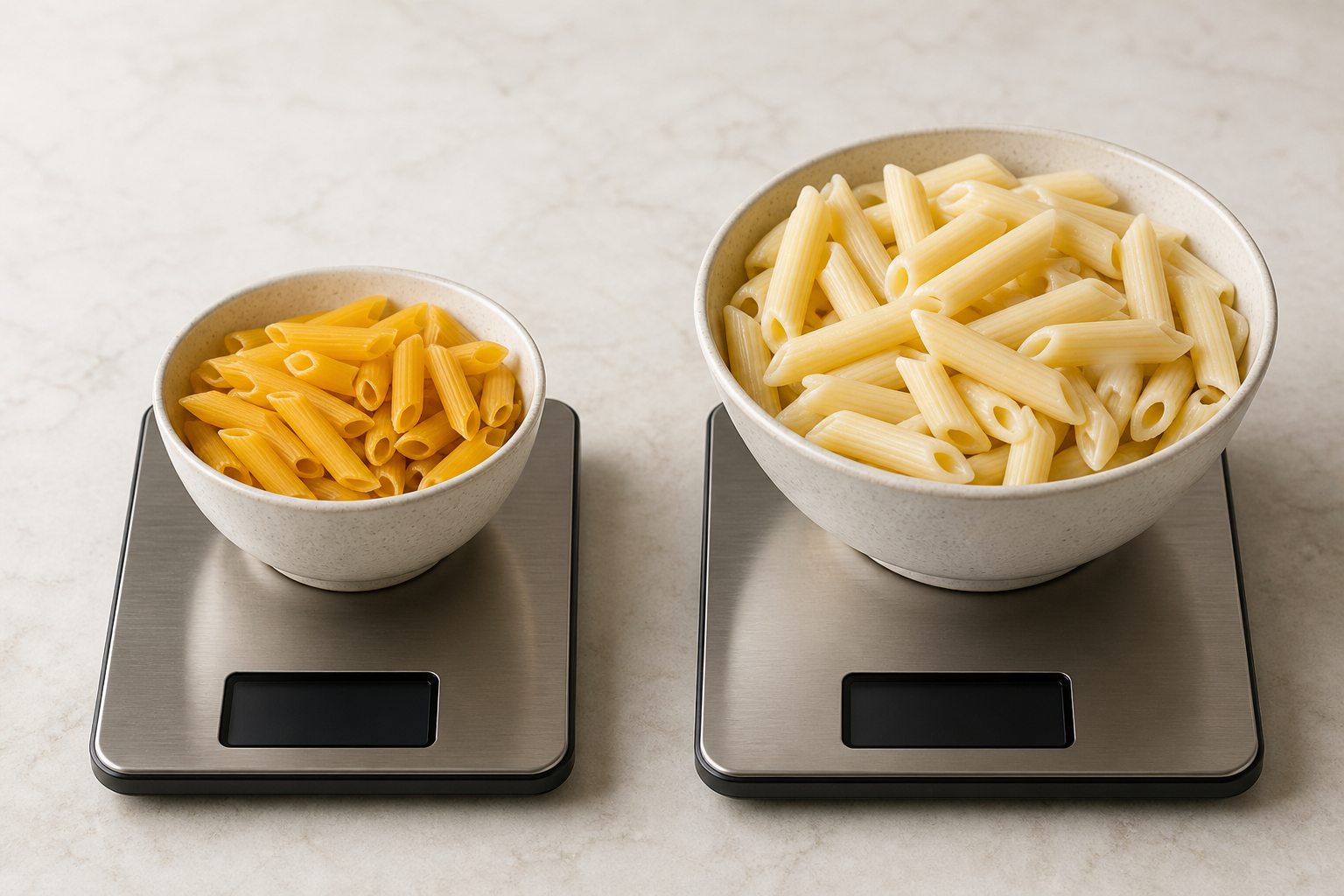 Equal pasta shapes shown dry and cooked in separate bowls on kitchen scales