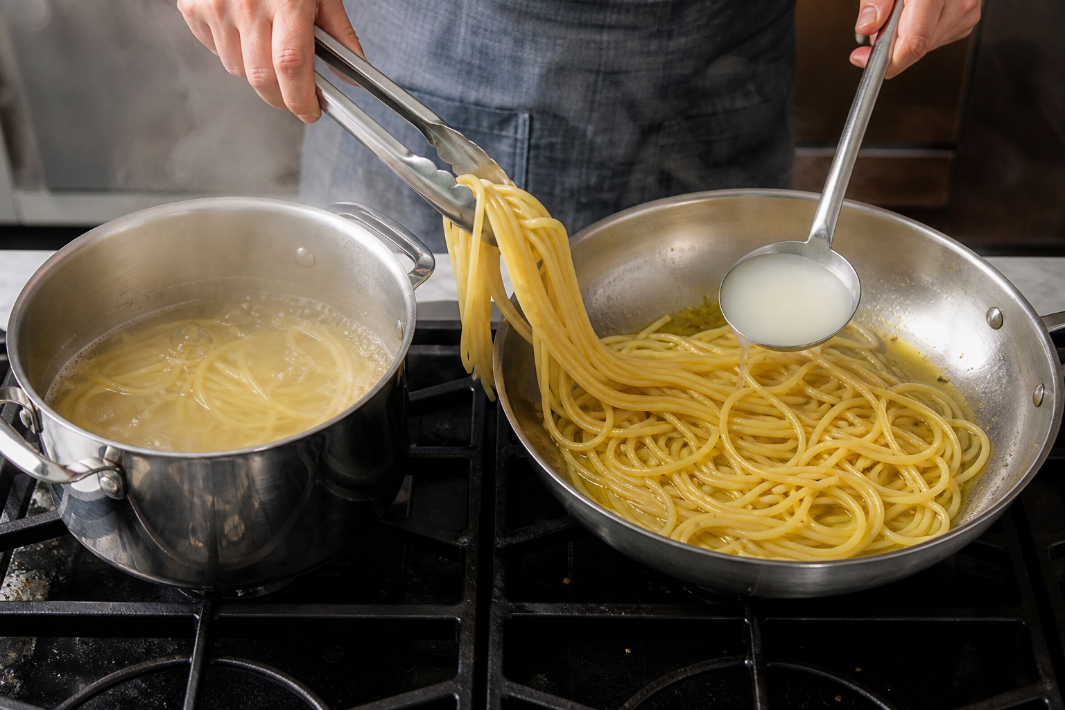 Spaghetti transferred into a wide pan while starchy pasta water joins the sauce