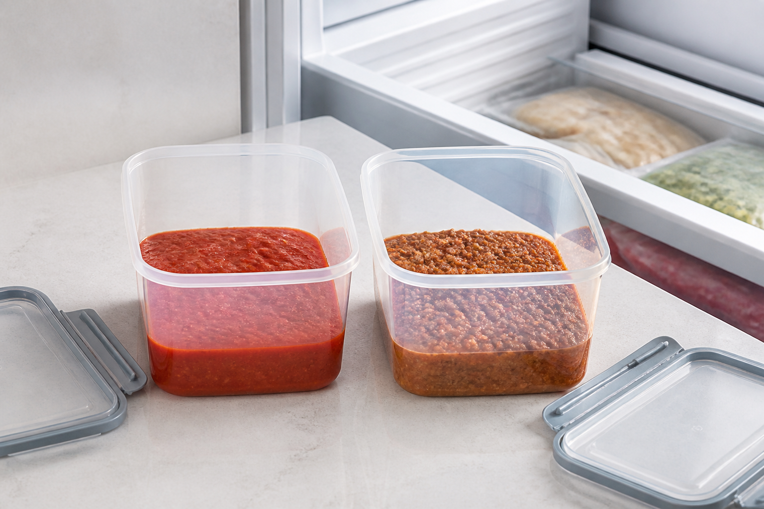 Cooled tomato sauce and ragù in freezer-safe containers with expansion space