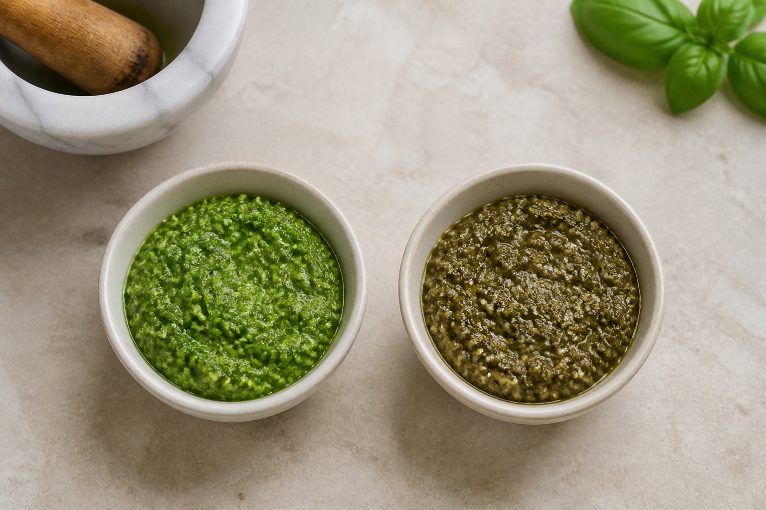 Fresh bright-green pesto compared with naturally oxidised olive-brown pesto