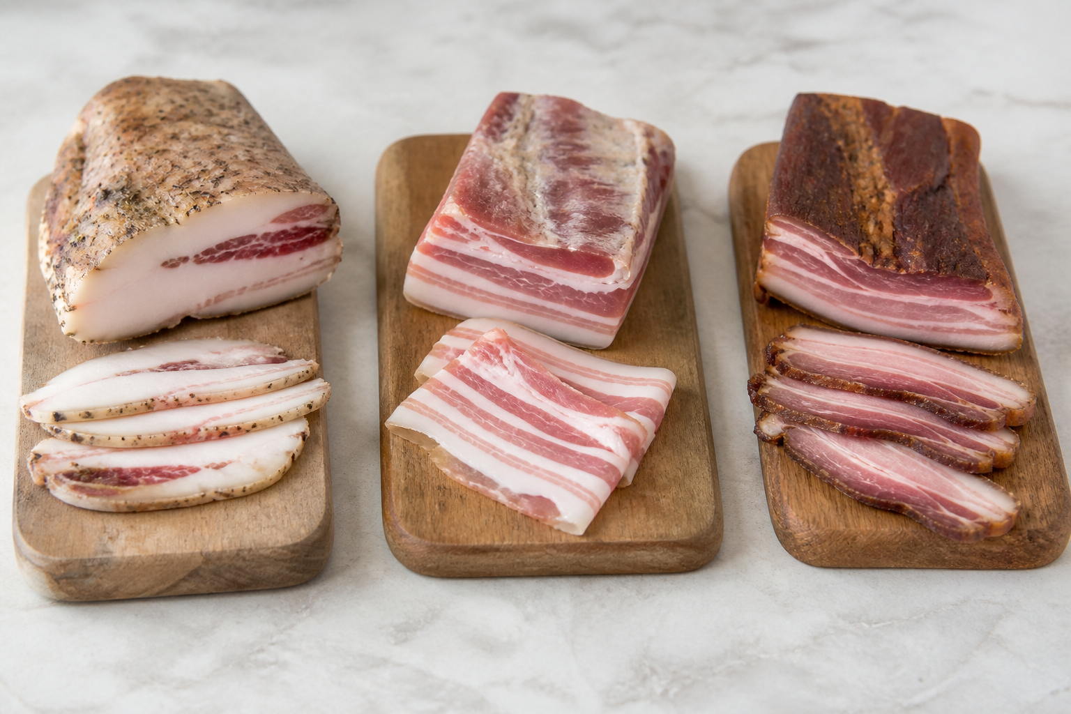 Guanciale jowl, unsmoked pancetta belly and smoked streaky bacon shown as distinct cured pork cuts