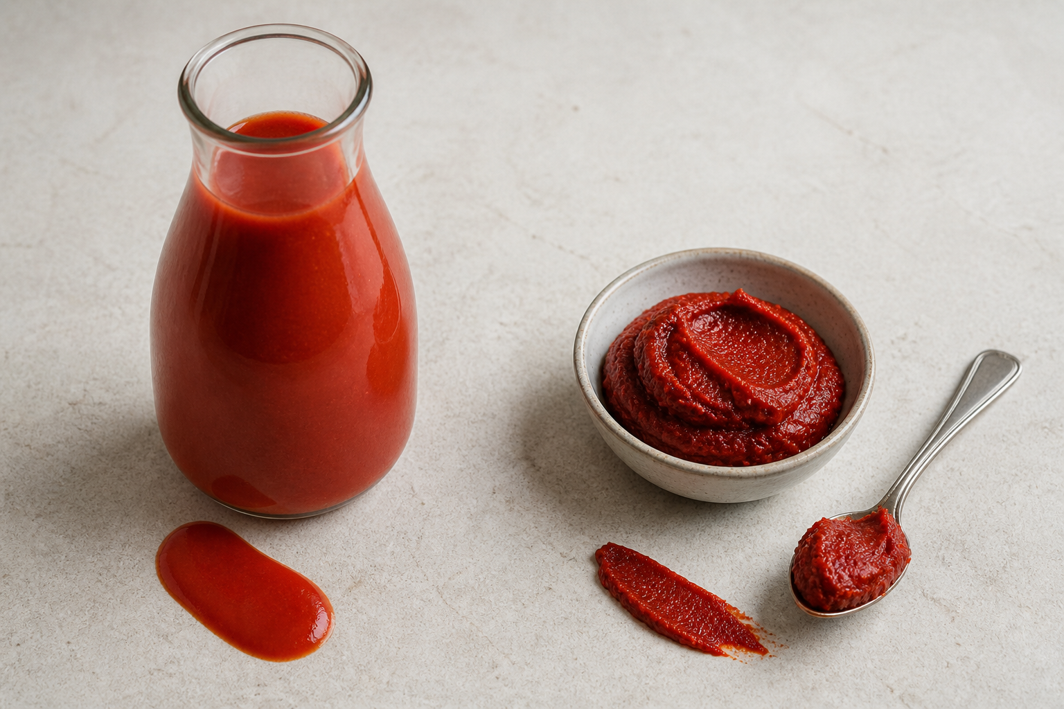 Pourable tomato passata beside a small quantity of dense tomato paste