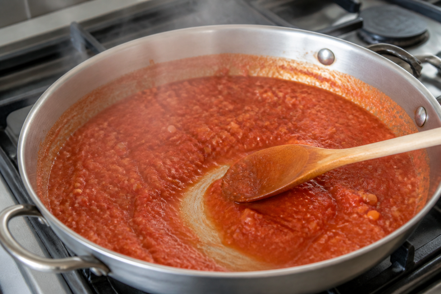 Loose tomato sauce reducing in a broad pan with a spoon path holding briefly