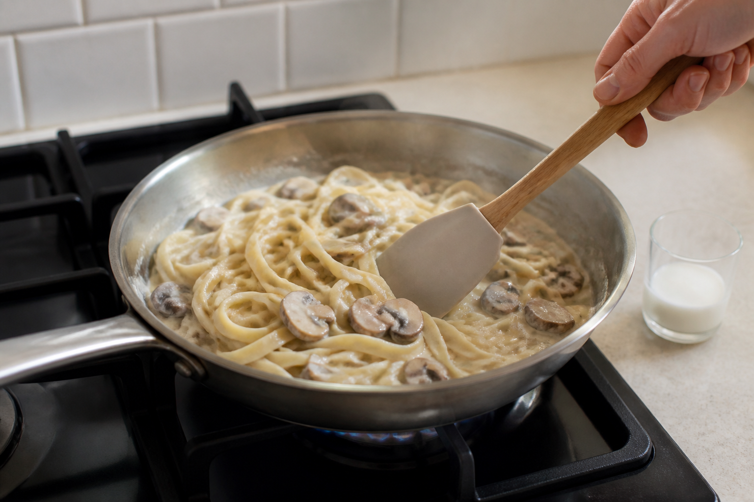 Creamy mushroom fettuccine reheating gently with a small amount of milk