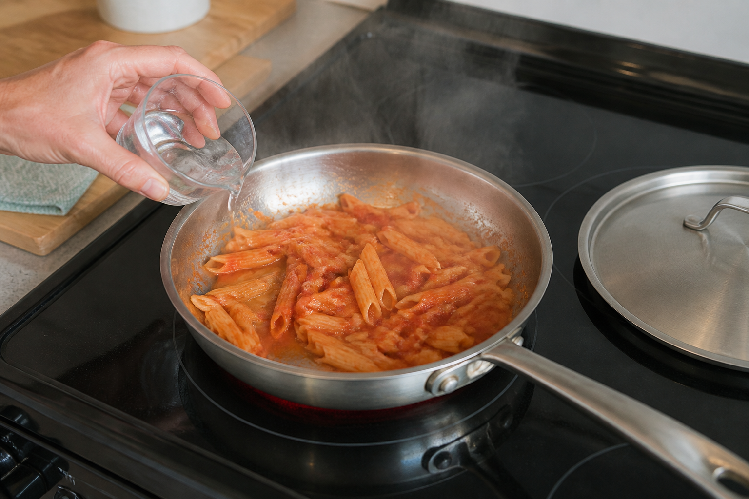 Sauced penne loosened gently in a pan with a small addition of water