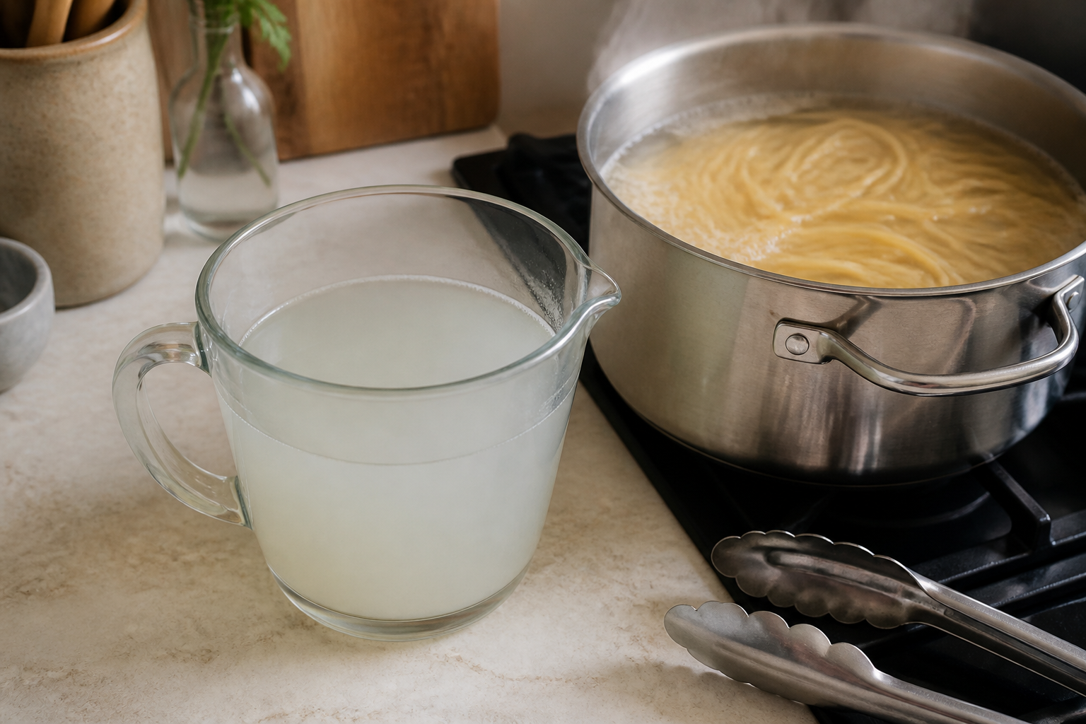 Heatproof jug holding reserved cloudy pasta cooking water