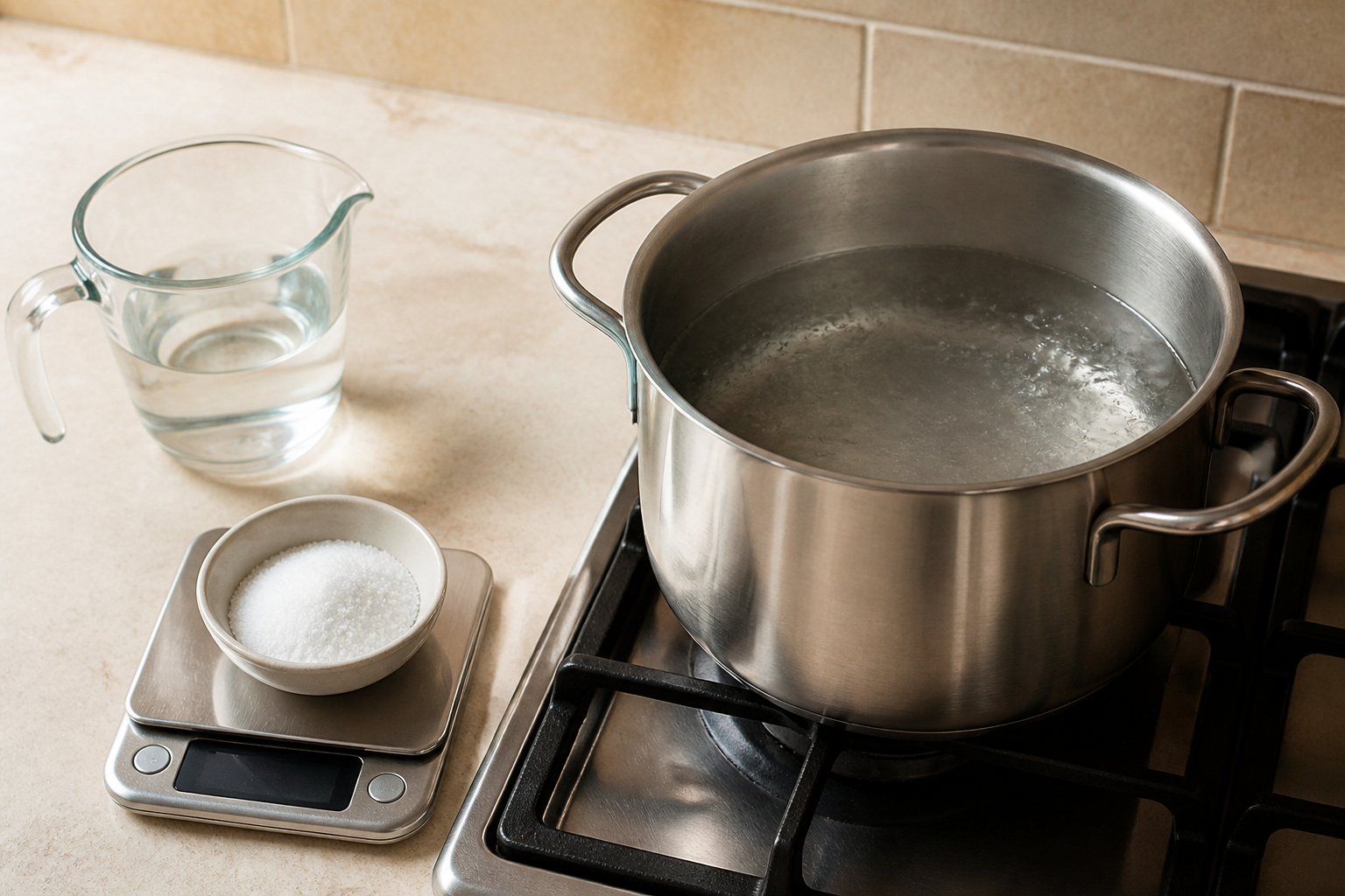 Fine salt measured on a kitchen scale beside a pot of water coming to the boil