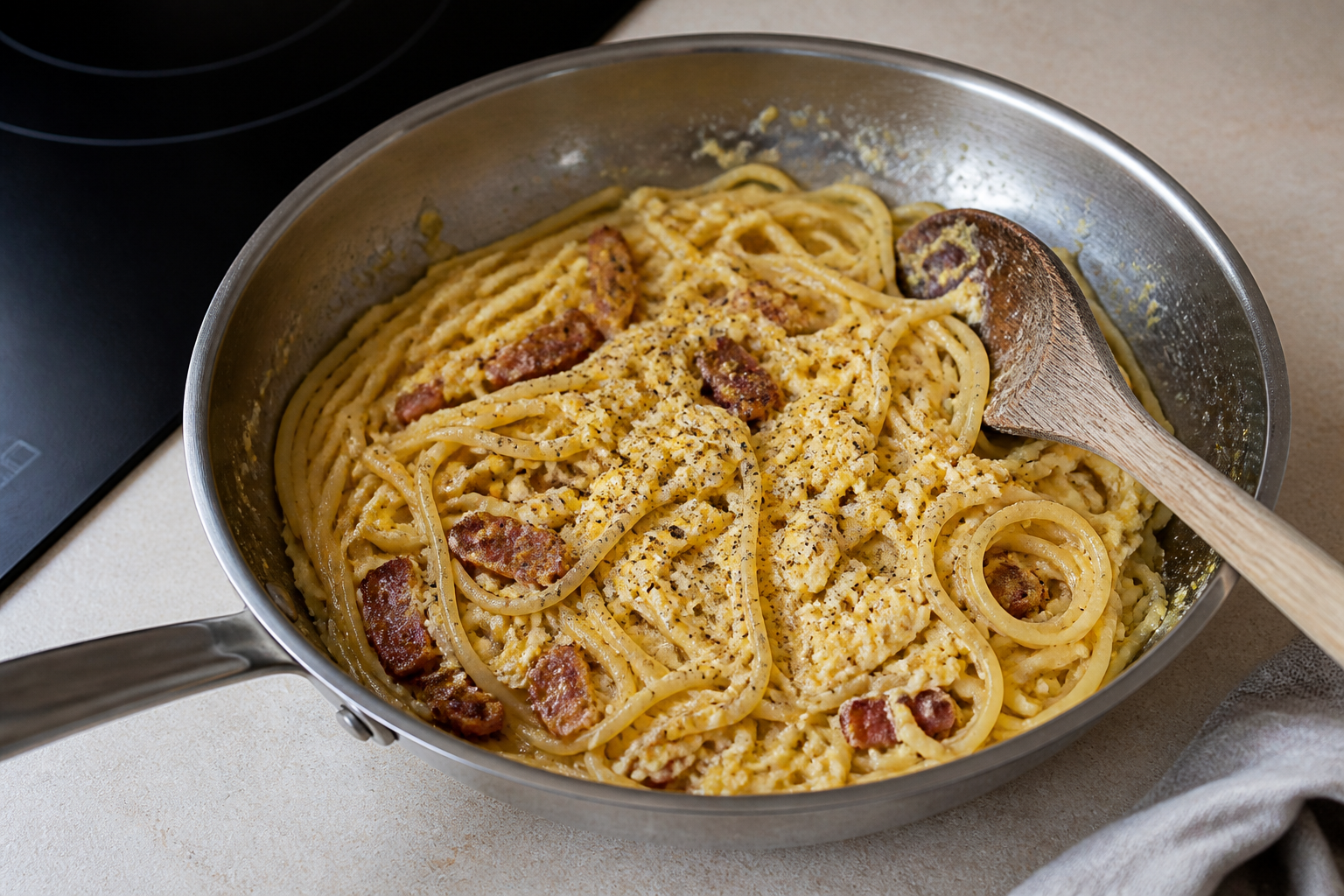 Carbonara with visible cooked egg curds instead of a smooth glossy emulsion