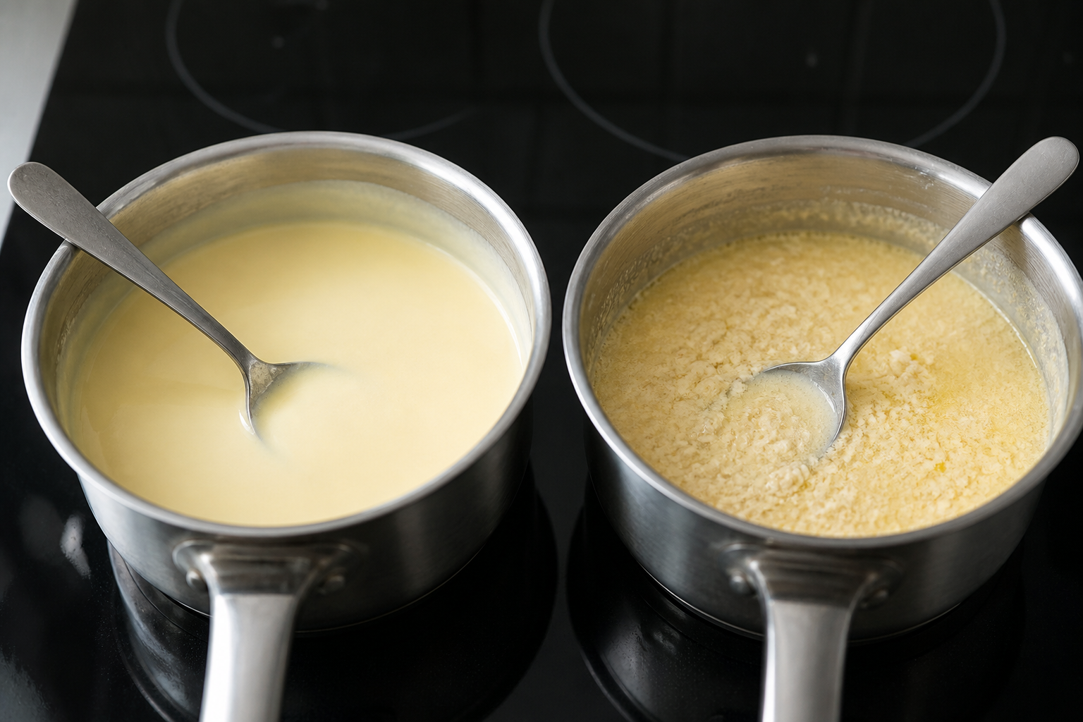 Smooth pale cheese emulsion compared with a grainy clumped cheese sauce