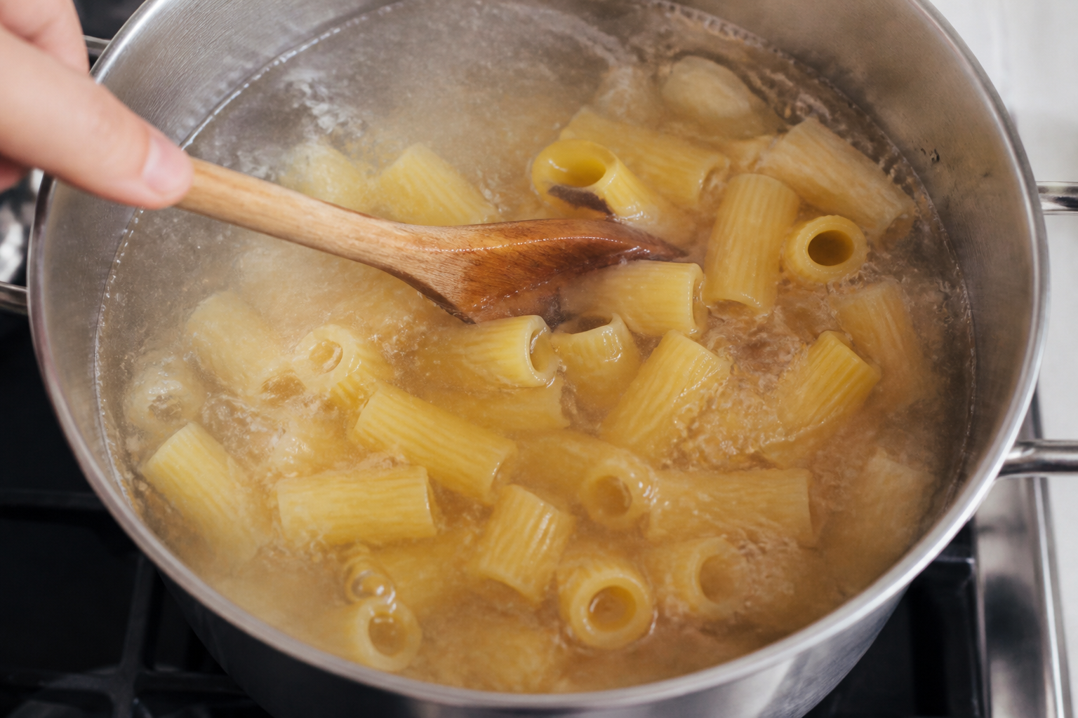 Rigatoni being stirred separately during its first moments in boiling water